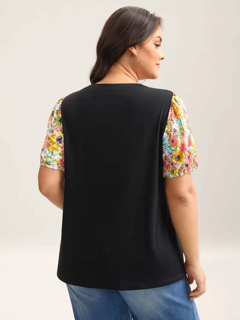 Floral Sleeve Spliced Curvy Hem T-Shirt