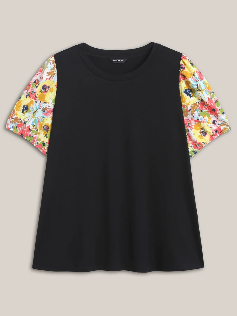 Floral Sleeve Spliced Curvy Hem T-Shirt