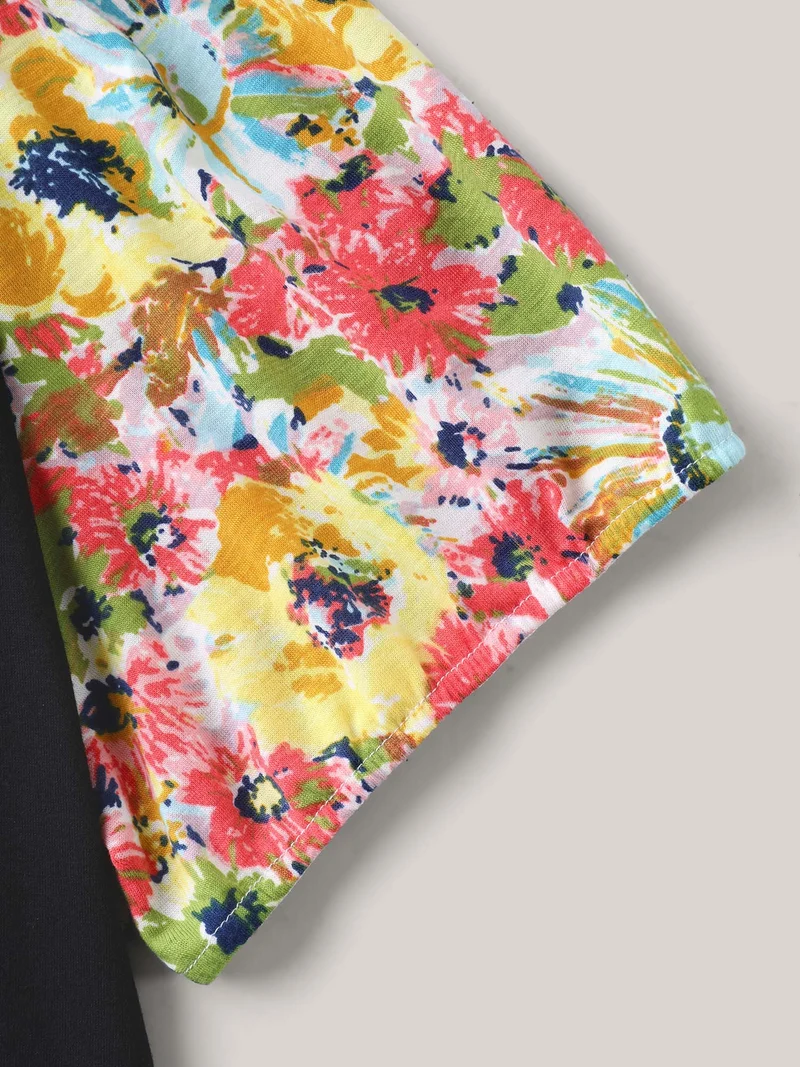 Floral Sleeve Spliced Curvy Hem T-Shirt