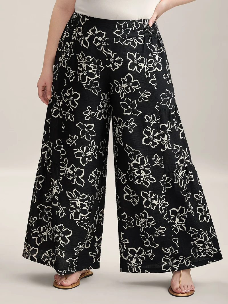 Floral Shirred Waist Wide-Leg Pants