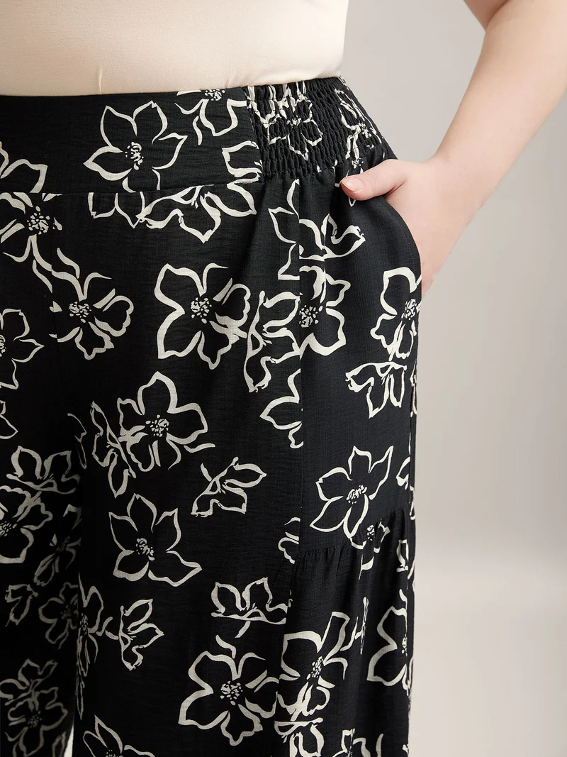 Floral Shirred Waist Wide-Leg Pants