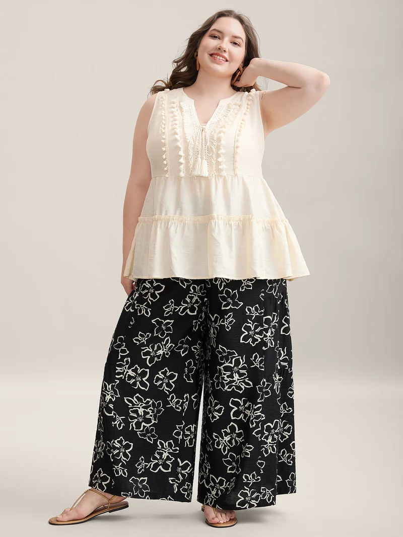 Floral Shirred Waist Wide-Leg Pants