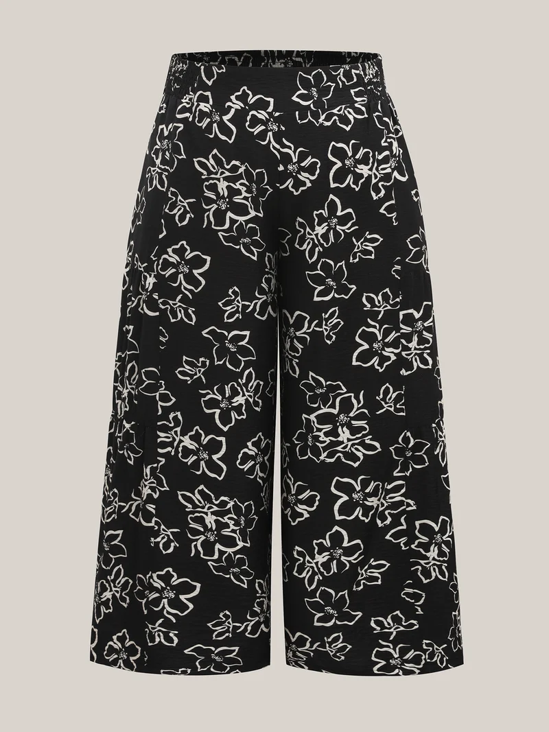 Floral Shirred Waist Wide-Leg Pants