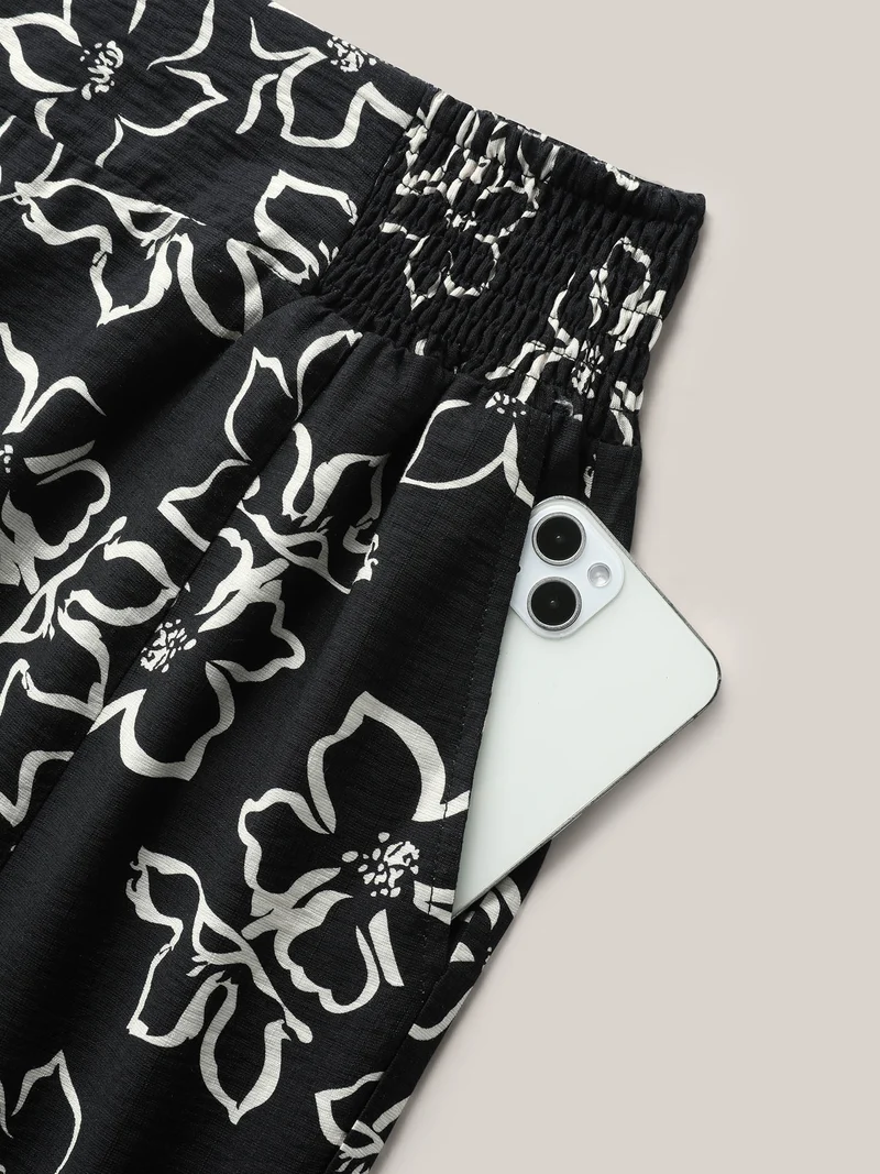 Floral Shirred Waist Wide-Leg Pants
