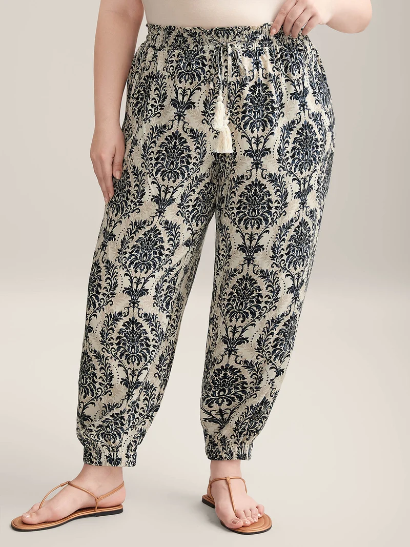 Damask Print Shirred Tie Jogger Pants