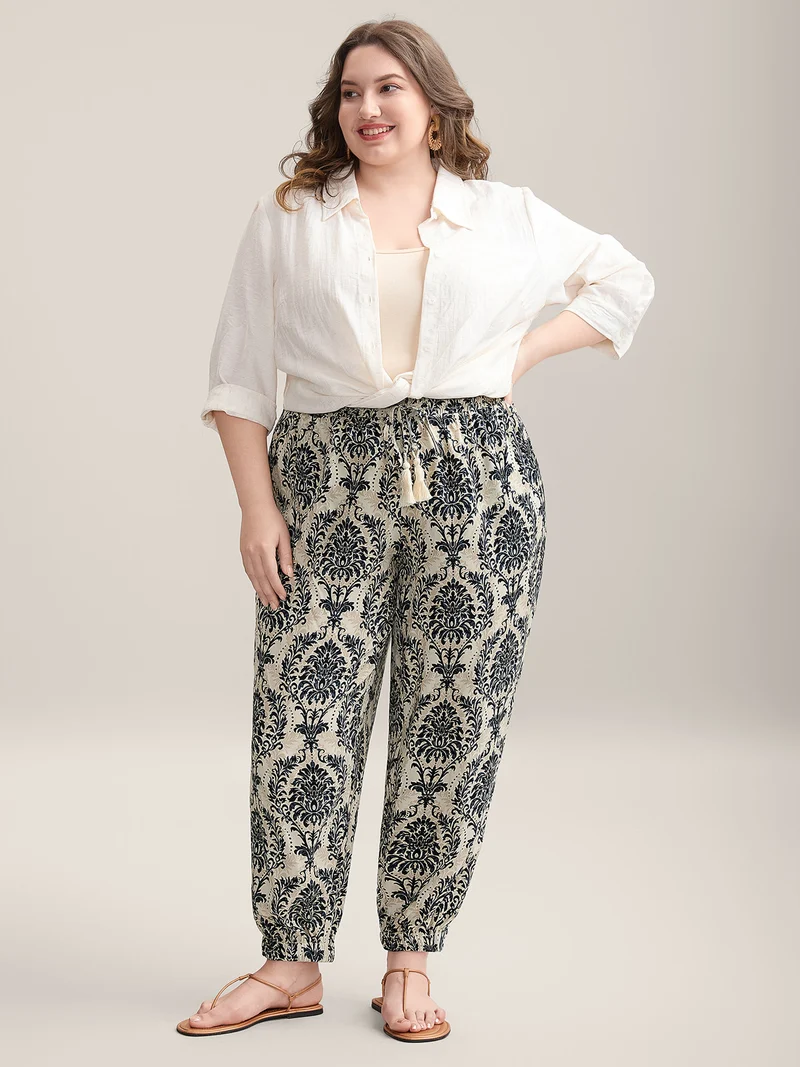 Damask Print Shirred Tie Jogger Pants
