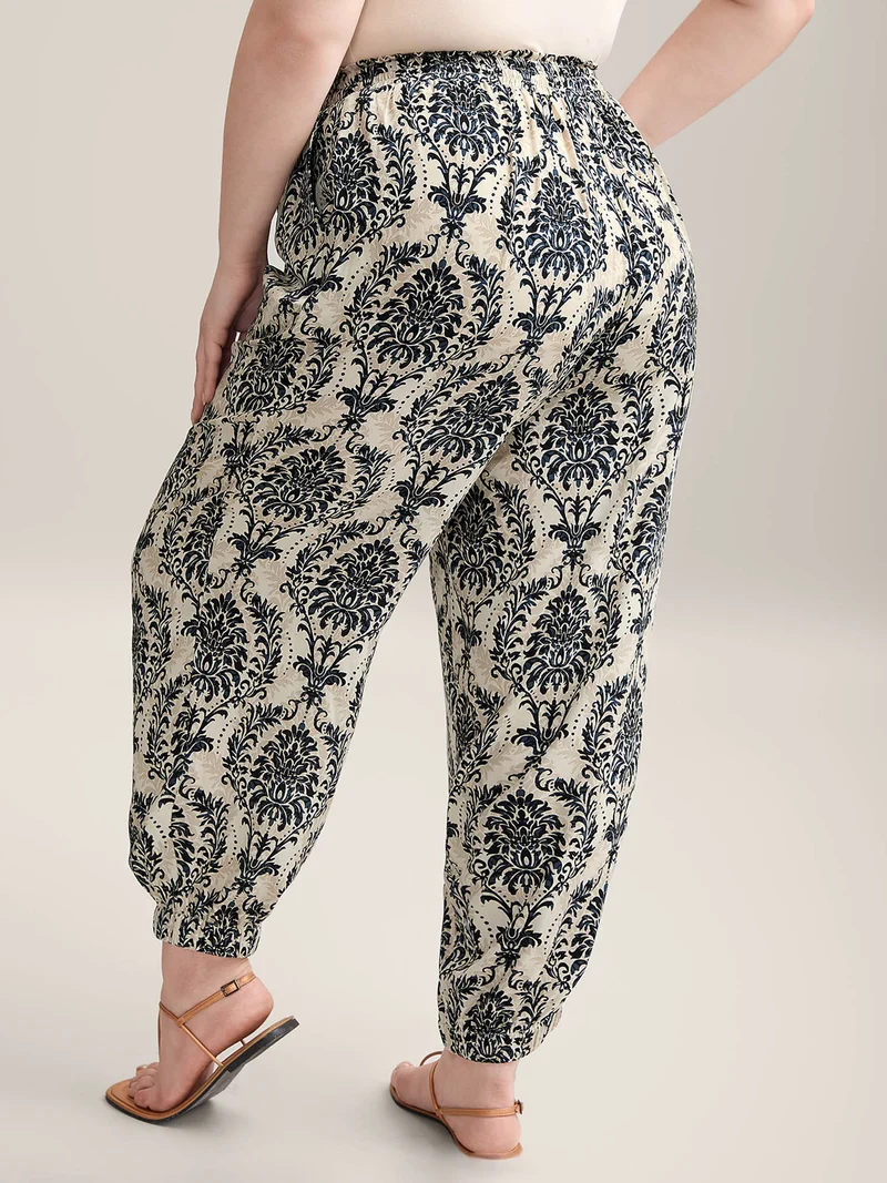 Damask Print Shirred Tie Jogger Pants