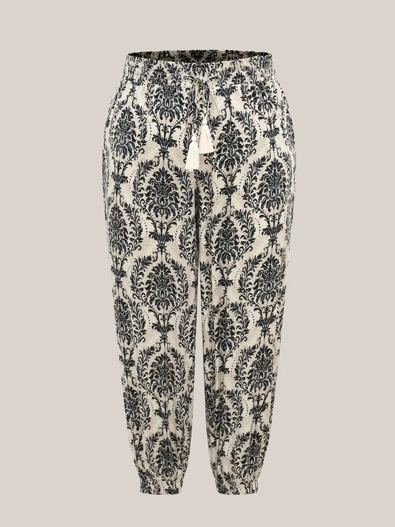 Damask Print Shirred Tie Jogger Pants