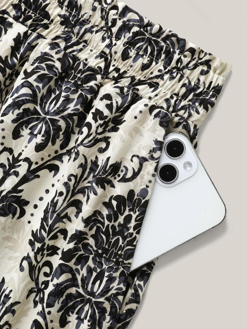 Damask Print Shirred Tie Jogger Pants