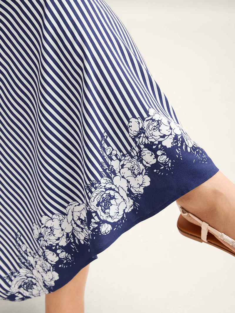 Stripes Cinched-Waist Floral Hem Maxi Dress