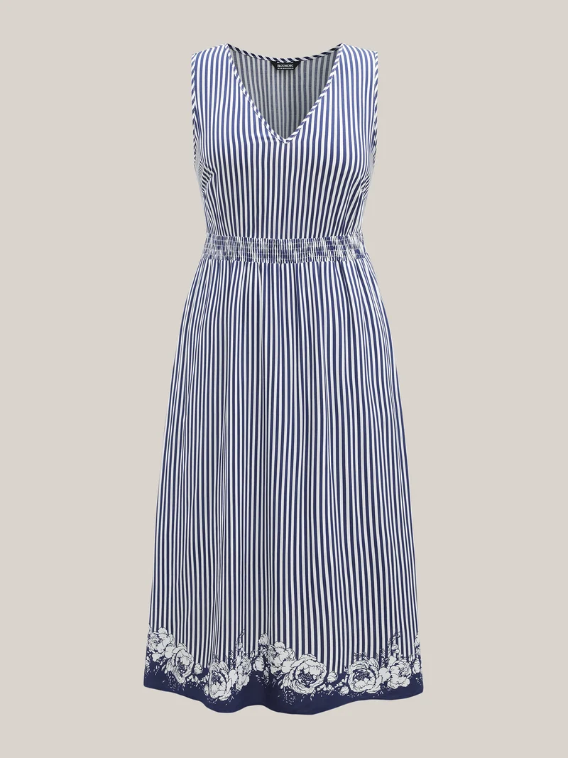 Stripes Cinched-Waist Floral Hem Maxi Dress
