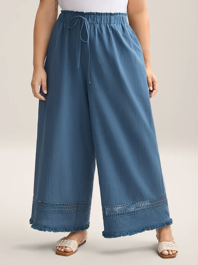 Cotton Waist-Tie Lace Wide-Leg Pants