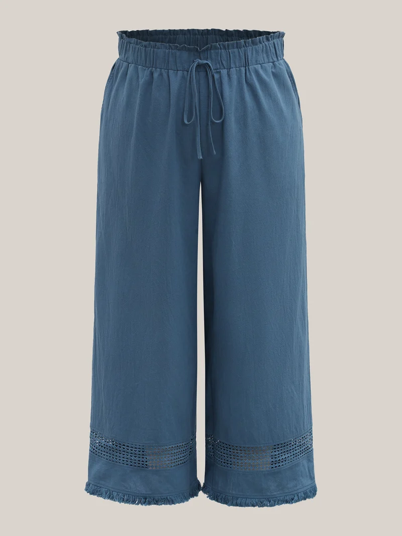 Cotton Waist-Tie Lace Wide-Leg Pants