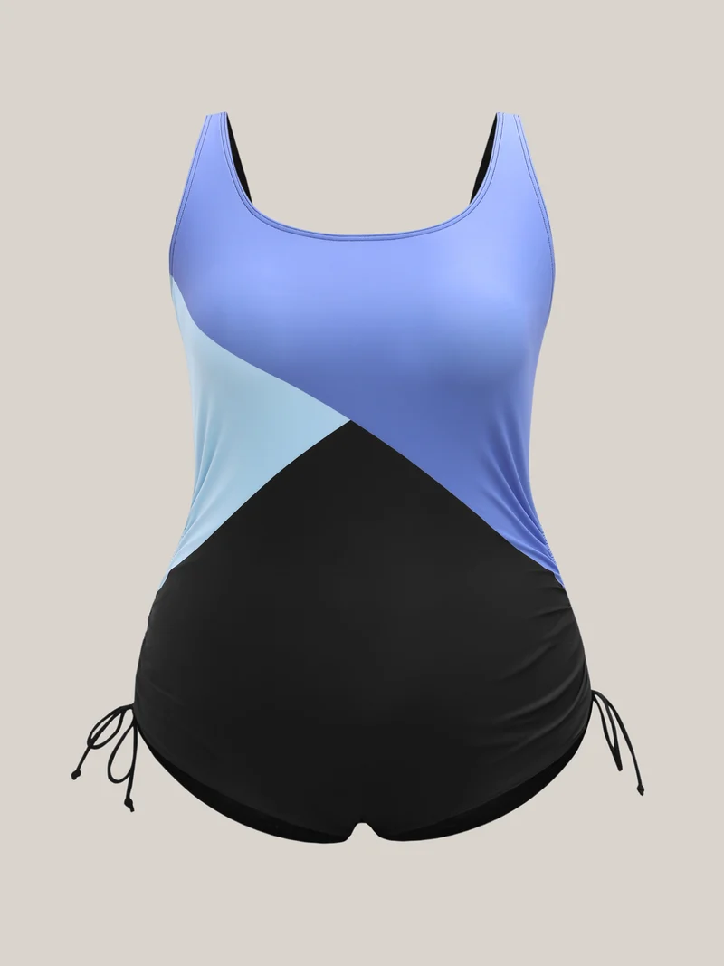 Color Block Side Drawstring One-Piece Swimsuit