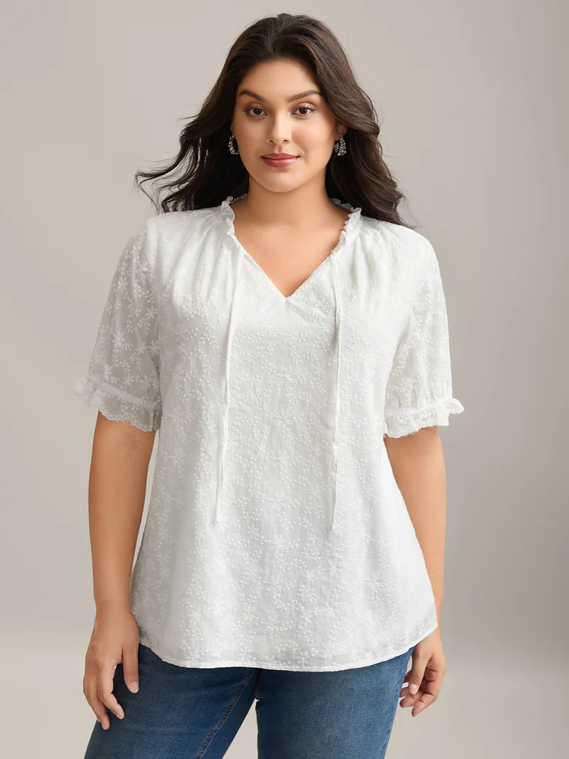 Cotton Embroidery Notched Neck Tie Shirt