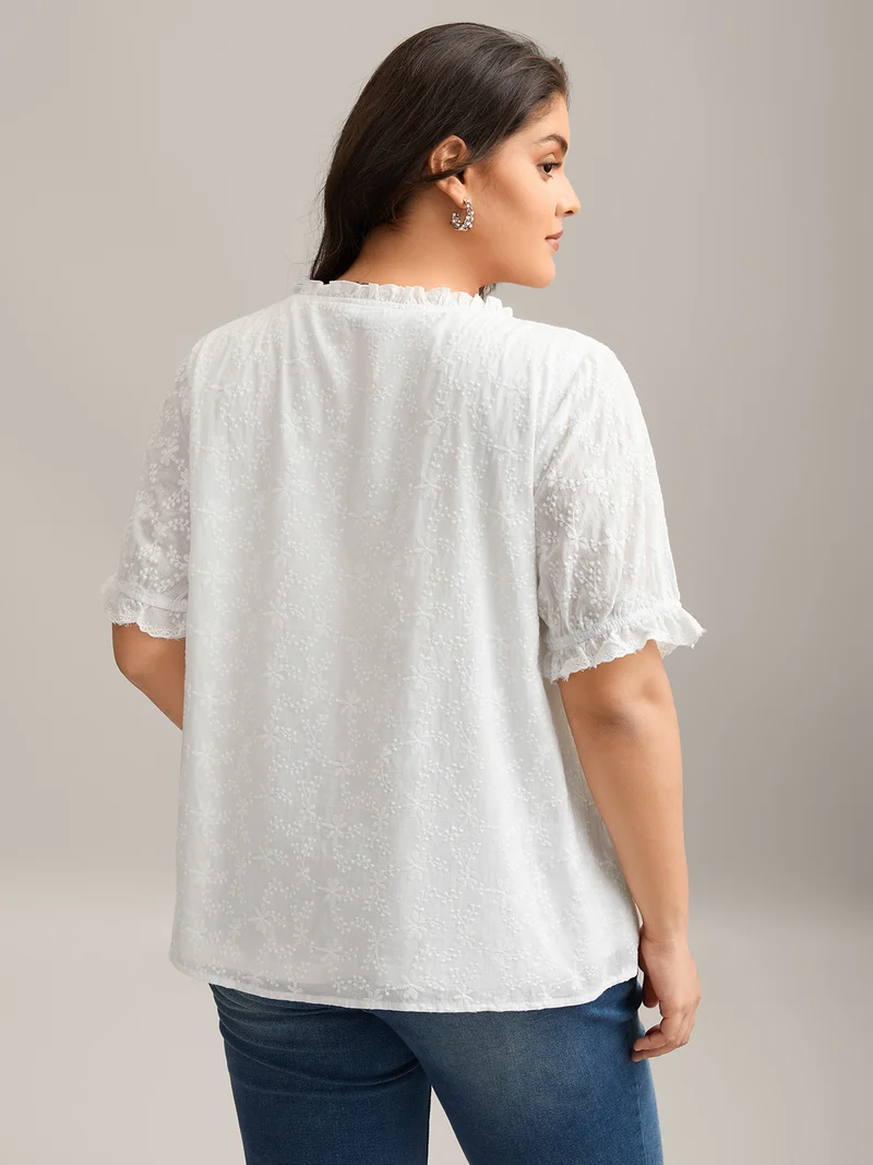 Cotton Embroidery Notched Neck Tie Shirt
