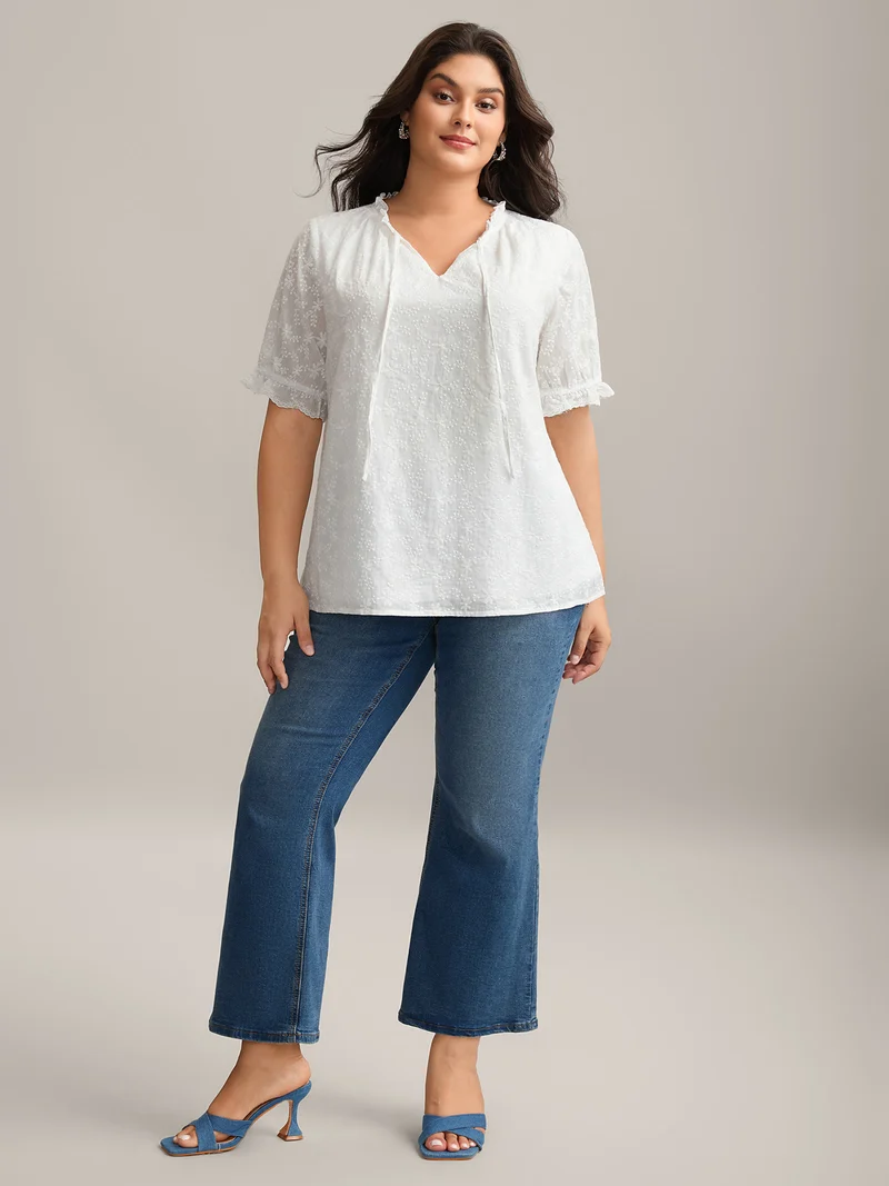 Cotton Embroidery Notched Neck Tie Shirt