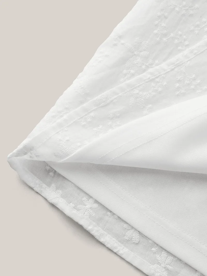 Cotton Embroidery Notched Neck Tie Shirt