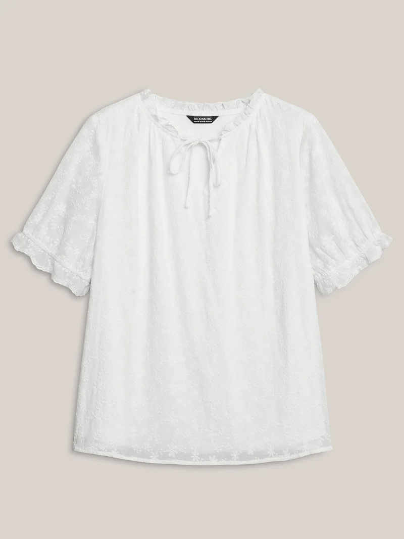 Cotton Embroidery Notched Neck Tie Shirt