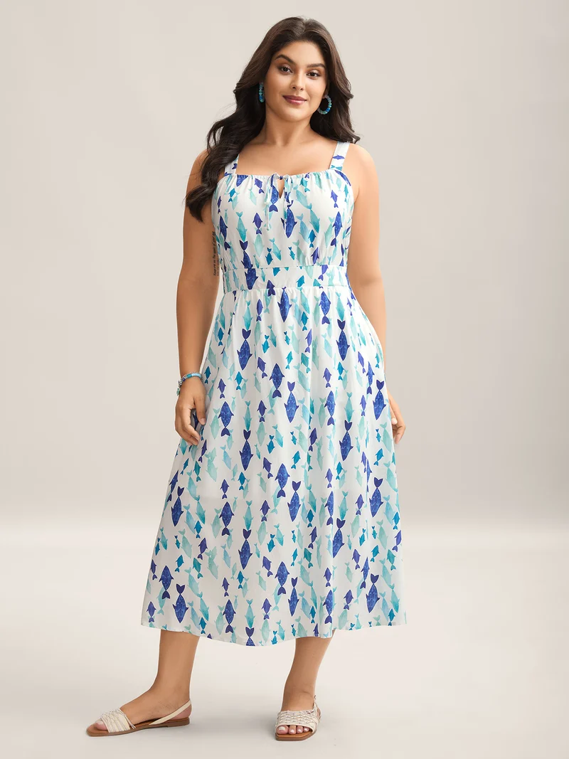 Rayon Fish Print Waist-Defining Maxi Dress