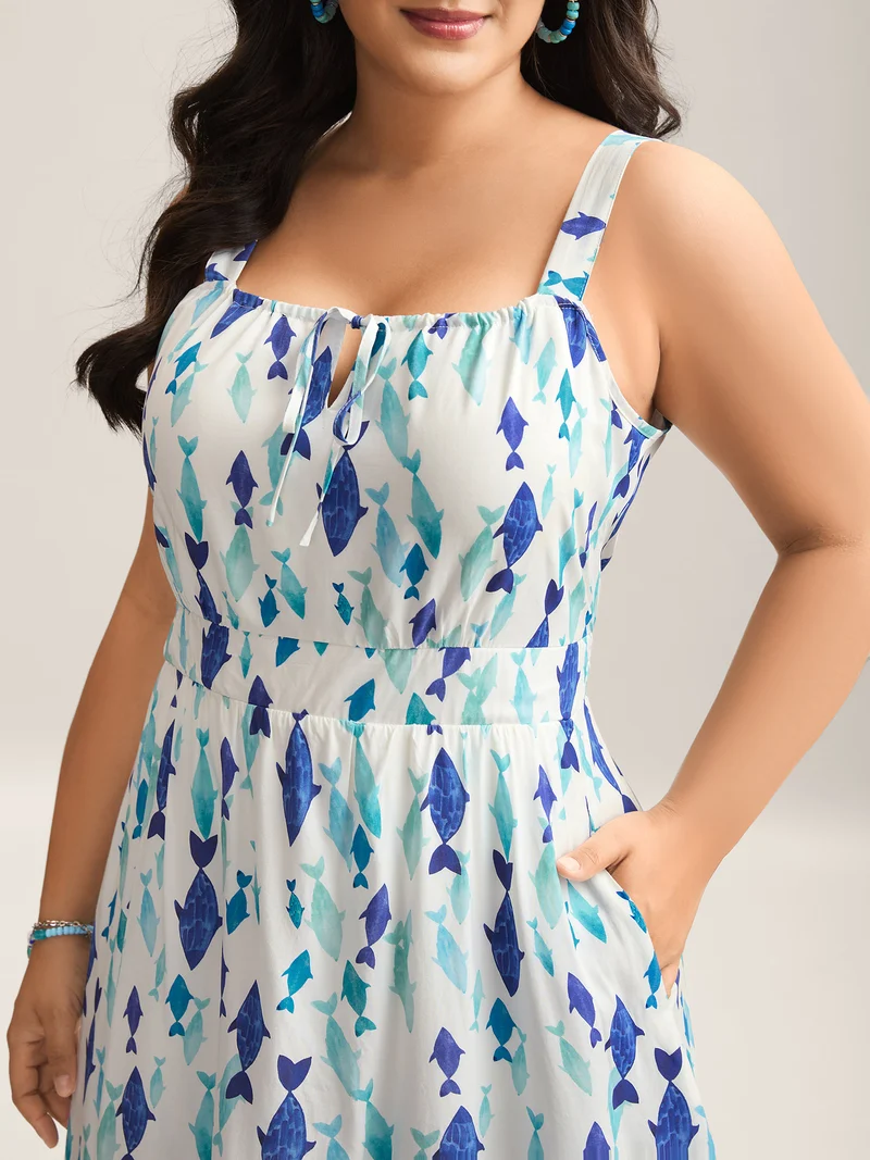 Rayon Fish Print Waist-Defining Maxi Dress