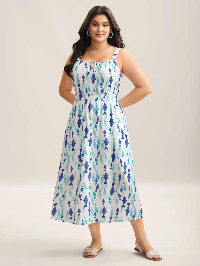 Rayon Fish Print Waist-Defining Maxi Dress