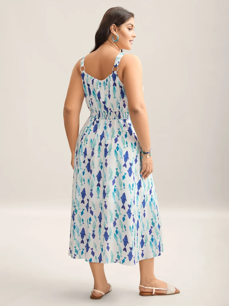 Rayon Fish Print Waist-Defining Maxi Dress