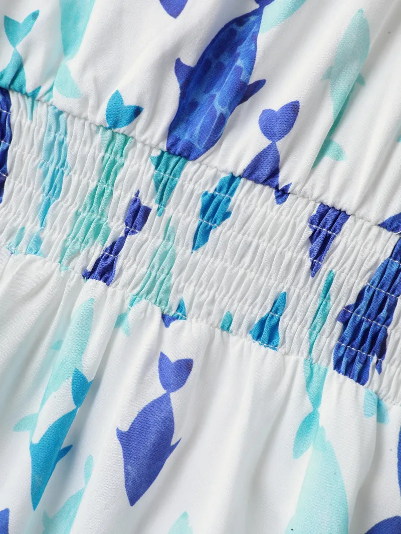 Rayon Fish Print Waist-Defining Maxi Dress