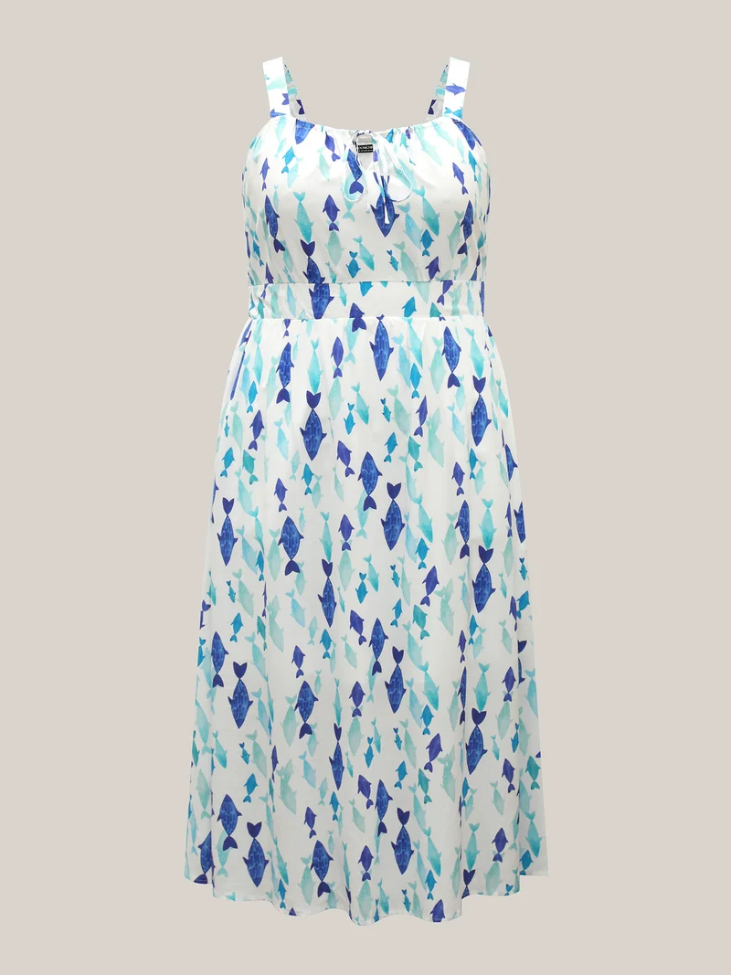 Rayon Fish Print Waist-Defining Maxi Dress
