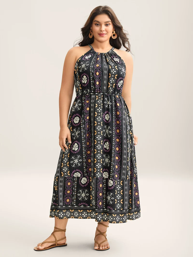 Rayon Tropical Boho Print Stretchy Maxi Dress