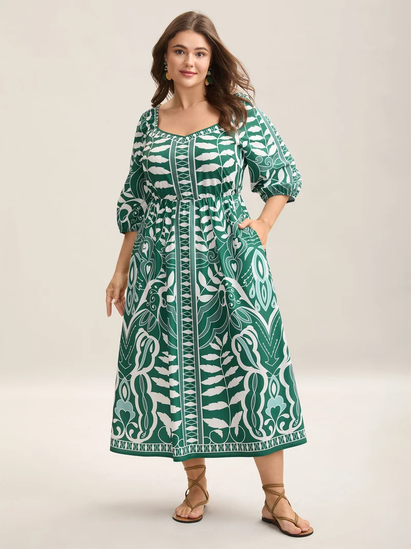 Leafy Print Puff Sleeve Pockets Midi Dress