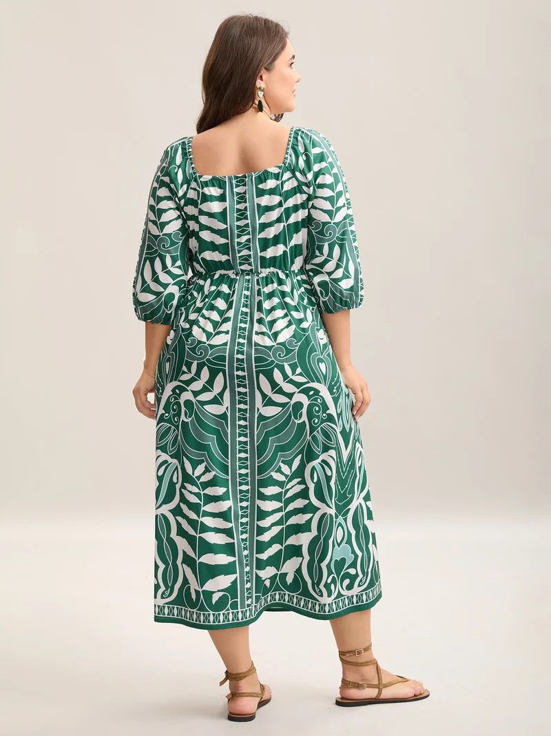 Leafy Print Puff Sleeve Pockets Midi Dress