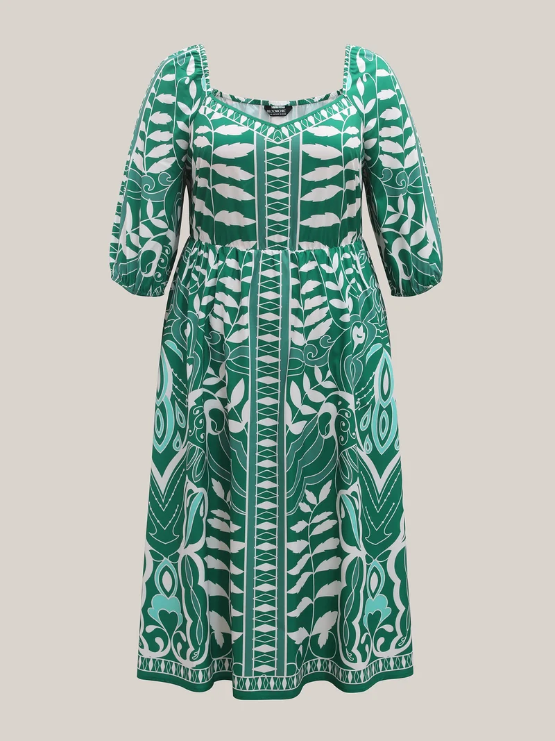 Leafy Print Puff Sleeve Pockets Midi Dress