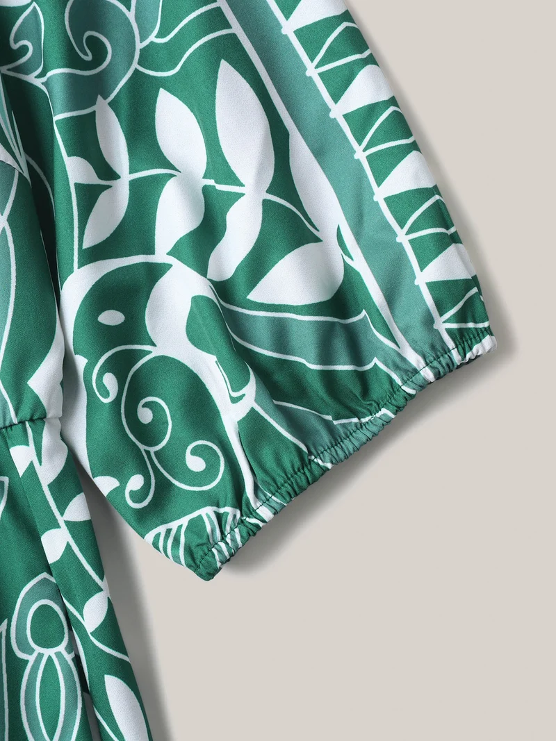 Leafy Print Puff Sleeve Pockets Midi Dress