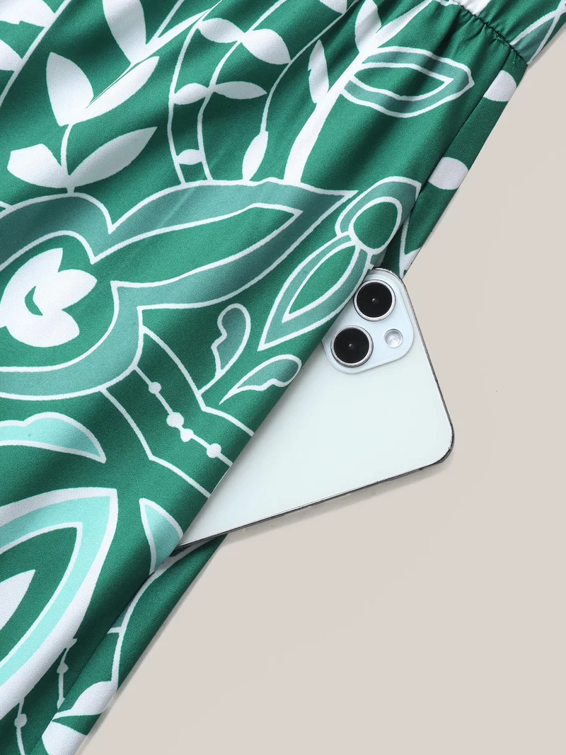 Leafy Print Puff Sleeve Pockets Midi Dress