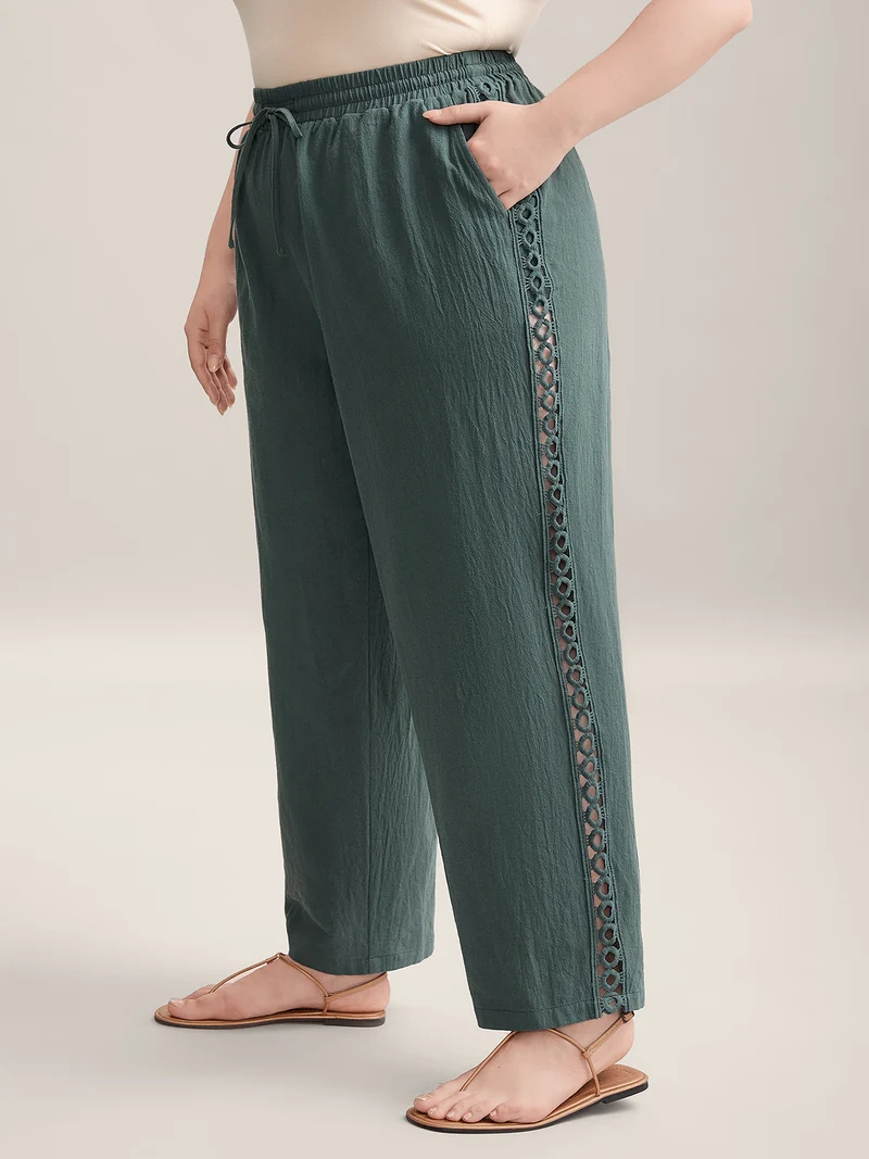Cotton Side Lace Straight-Fit Plain Pants