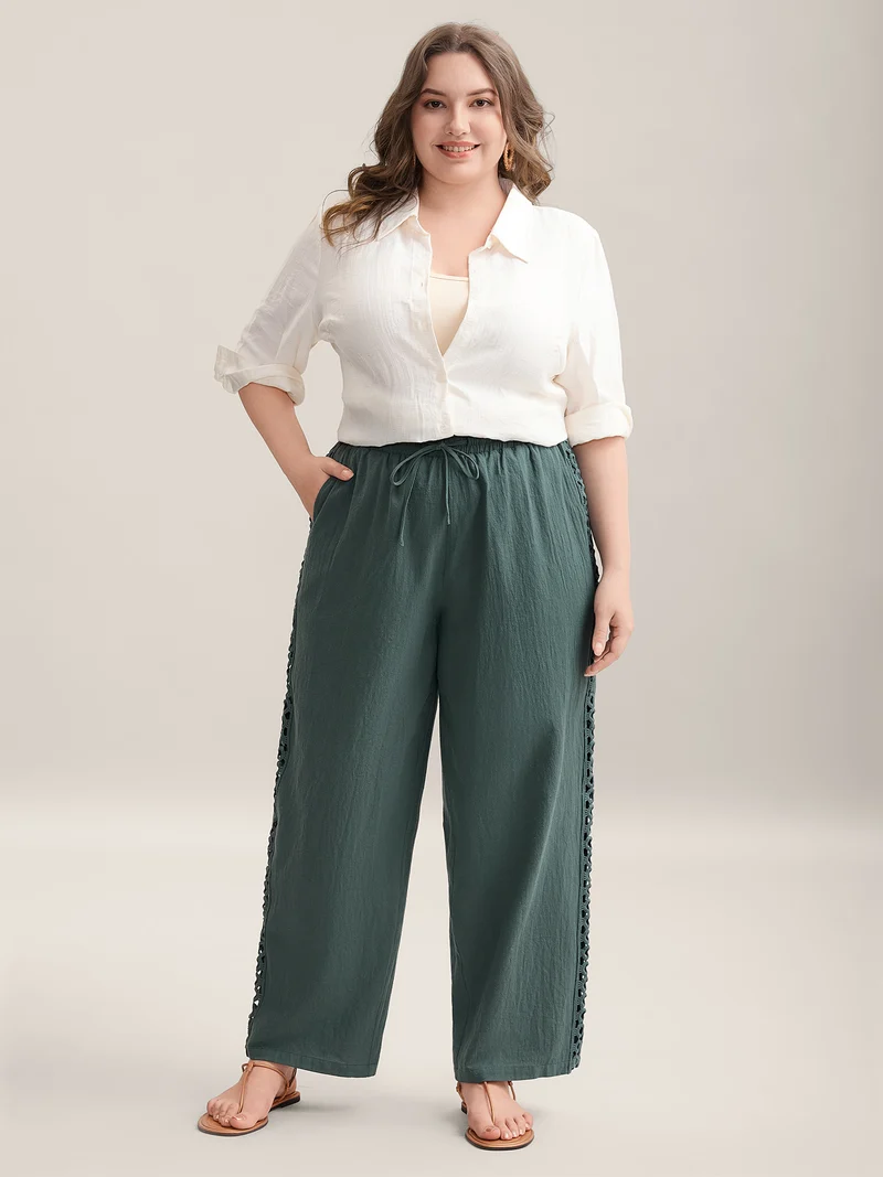 Cotton Side Lace Straight-Fit Plain Pants