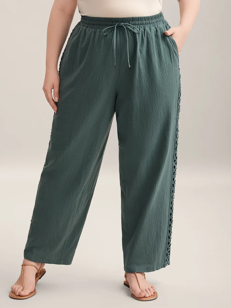 Cotton Side Lace Straight-Fit Plain Pants
