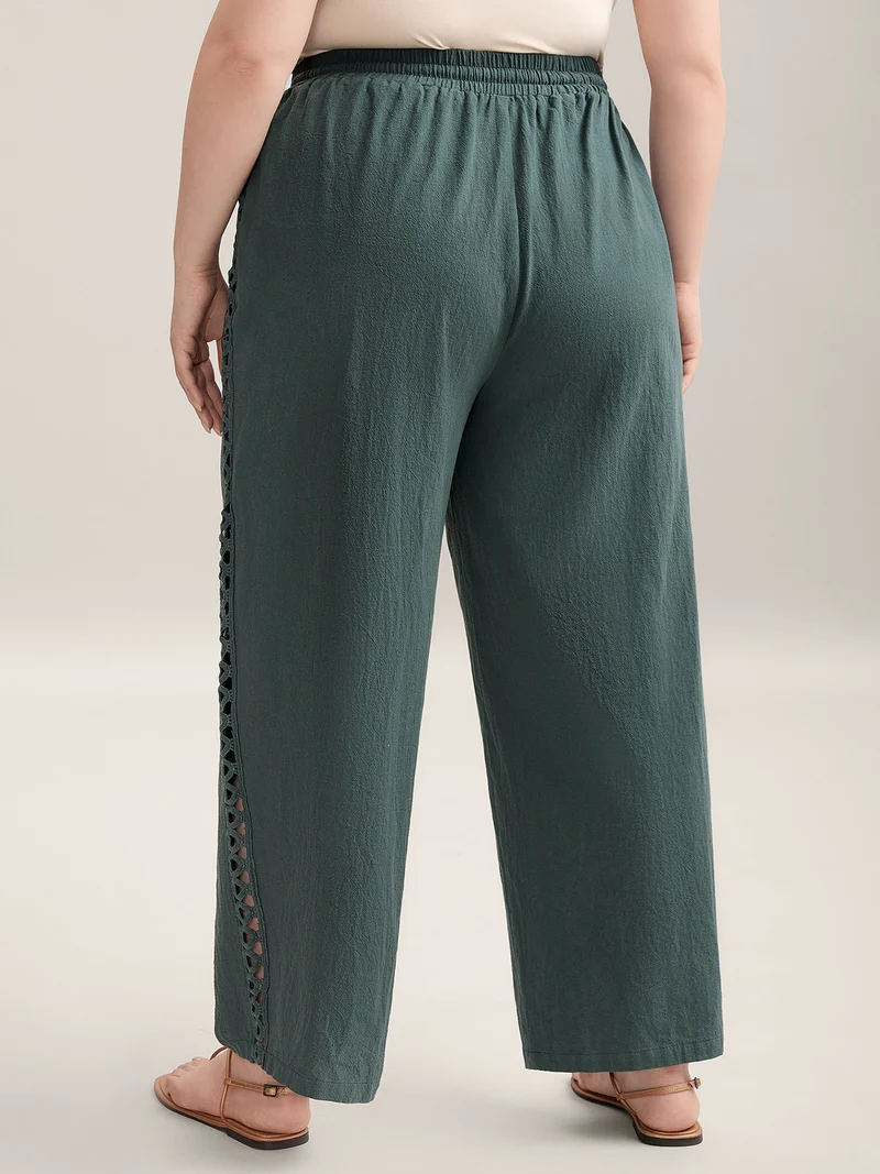 Cotton Side Lace Straight-Fit Plain Pants