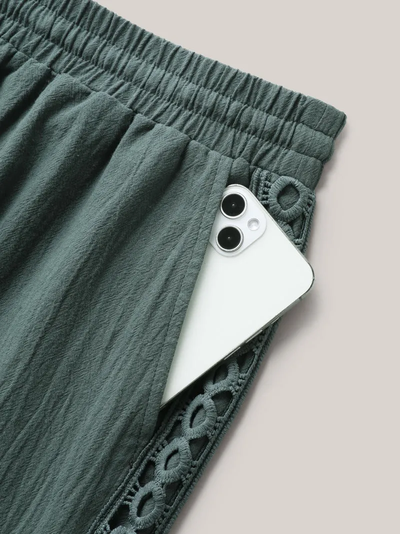 Cotton Side Lace Straight-Fit Plain Pants