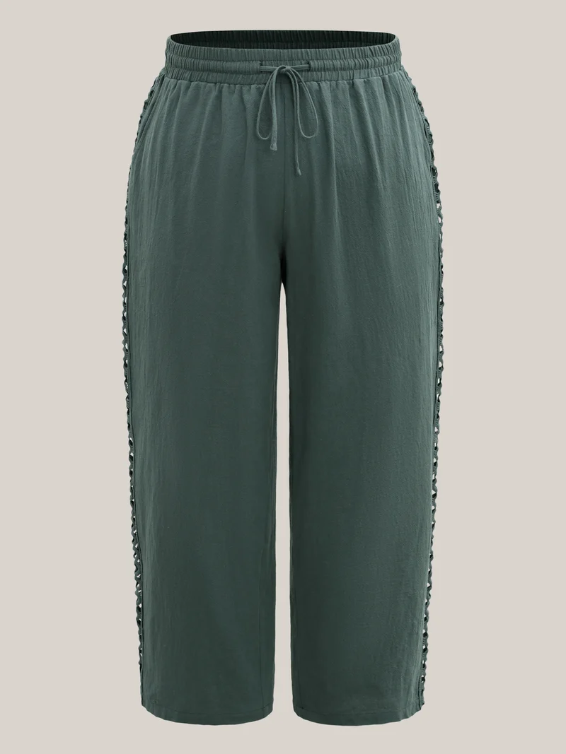 Cotton Side Lace Straight-Fit Plain Pants