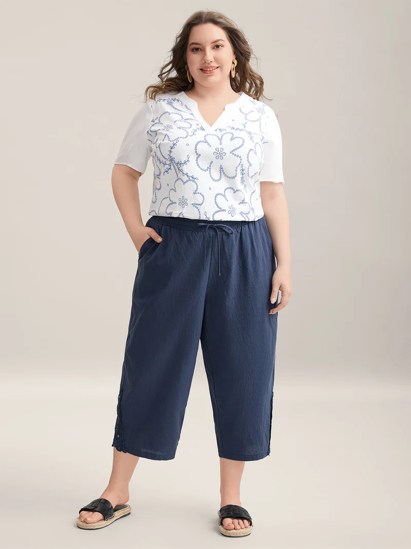 Lace Cut-Out Straight-Leg Plain Pants