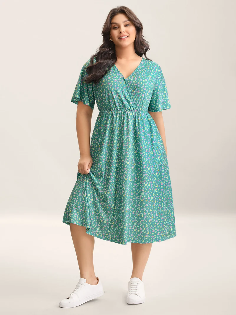 Floral Print Surplice Neck Midi Dress