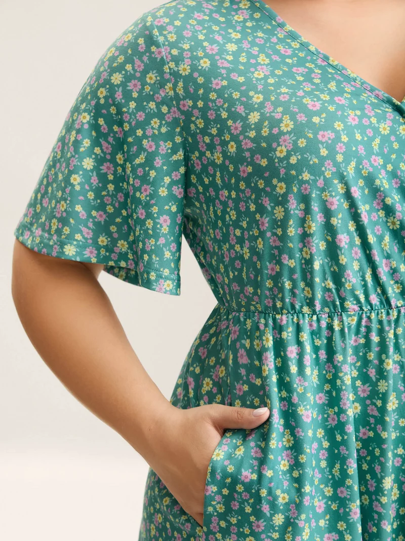 Floral Print Surplice Neck Midi Dress