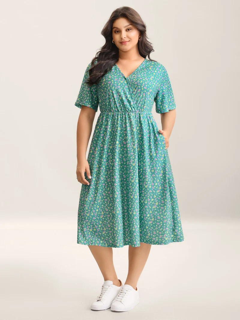Floral Print Surplice Neck Midi Dress