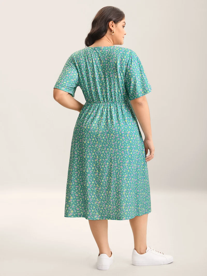 Floral Print Surplice Neck Midi Dress