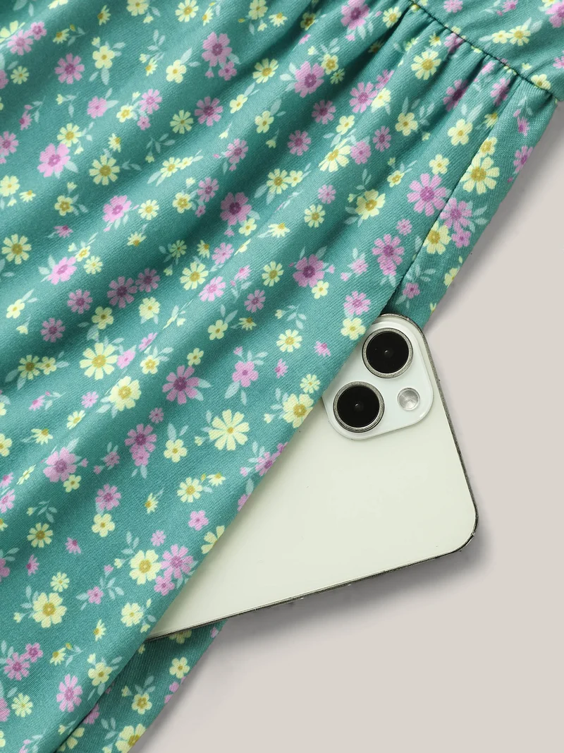 Floral Print Surplice Neck Midi Dress