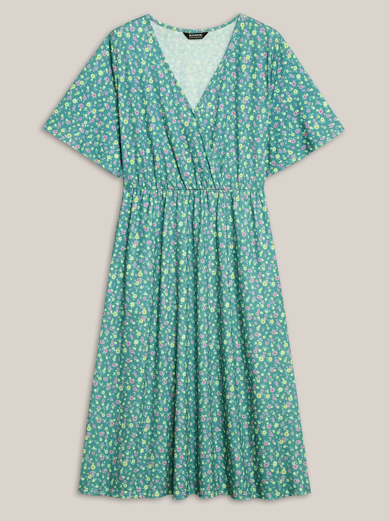 Floral Print Surplice Neck Midi Dress