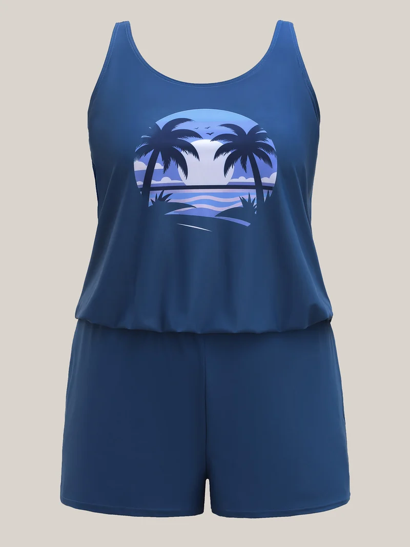 Island Pattern Pockets One-Piece Swimsuit