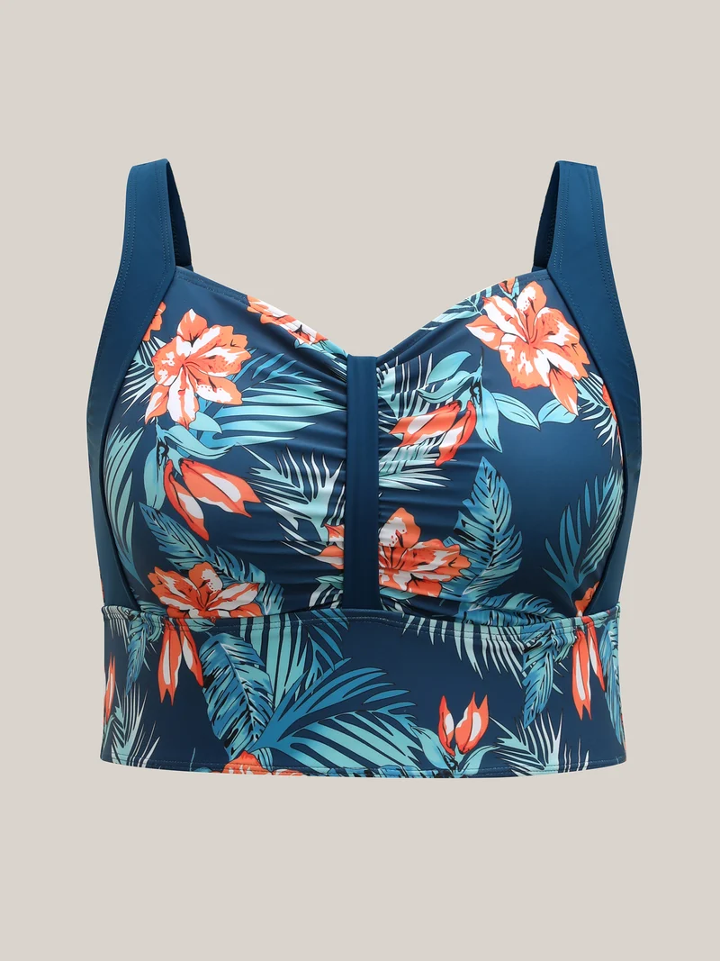 Tropical Print Ruched Spliced Swim Top